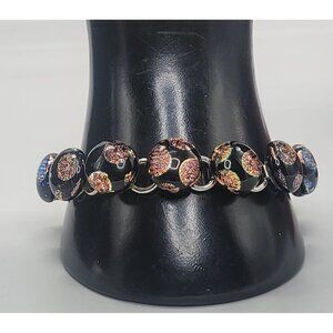 Dichroic Glass Coin Bead Bracelet Silver Tone Links Multicolor Foil Size 7.5"